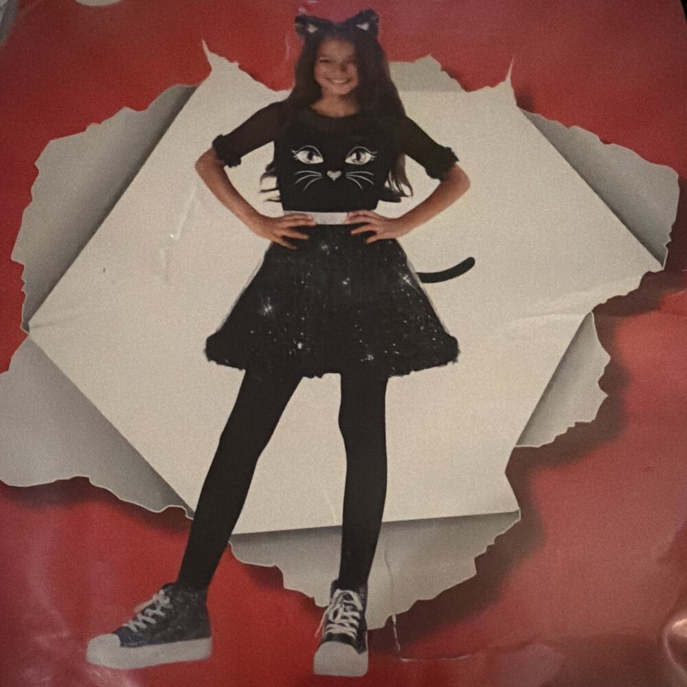 Girls Black Glitter Cat Costume Animal Halloween XL
